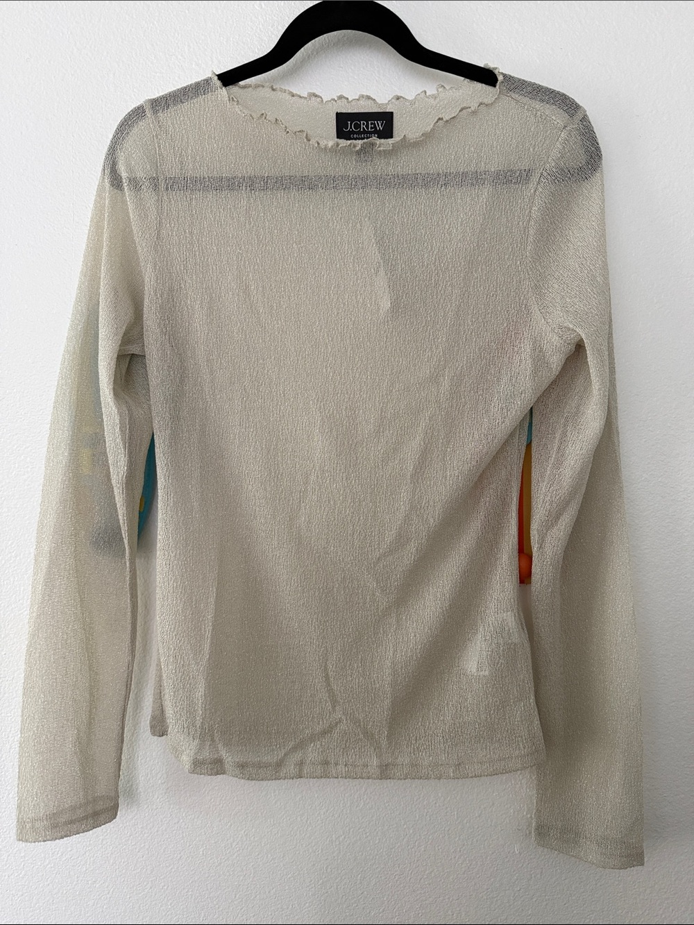 J. Crew Collection Sheer Shimmery Scallop Trim Long Sleeve Top